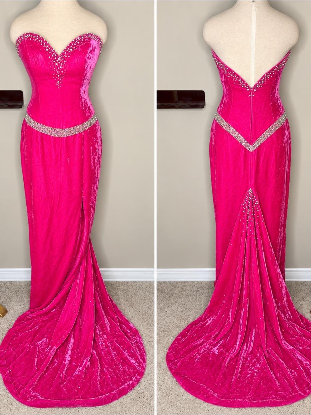 Y2K Crushed Hot Pink Velvet Rhinestone Barbie Gala Red Carpet Dreamy Train Gown